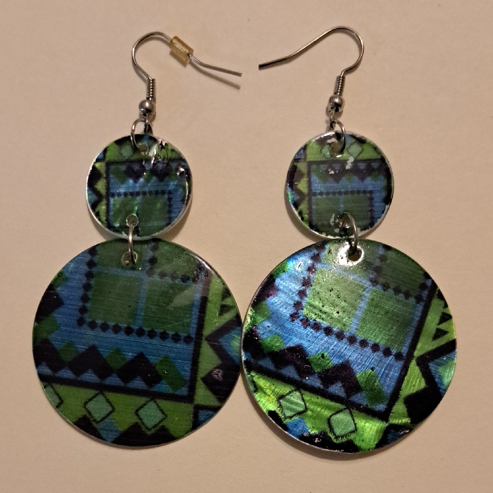 Geometric Green and Blue Dangle Earrings